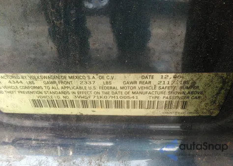 2007 Volkswagen Jetta 2.5 из США, поврежденный, VIN 3VWSF71K07M100541